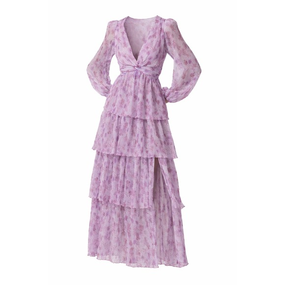 ASTR The Label Pink Floral Tiered Maxi Dress V-Neck Long Sleeve M